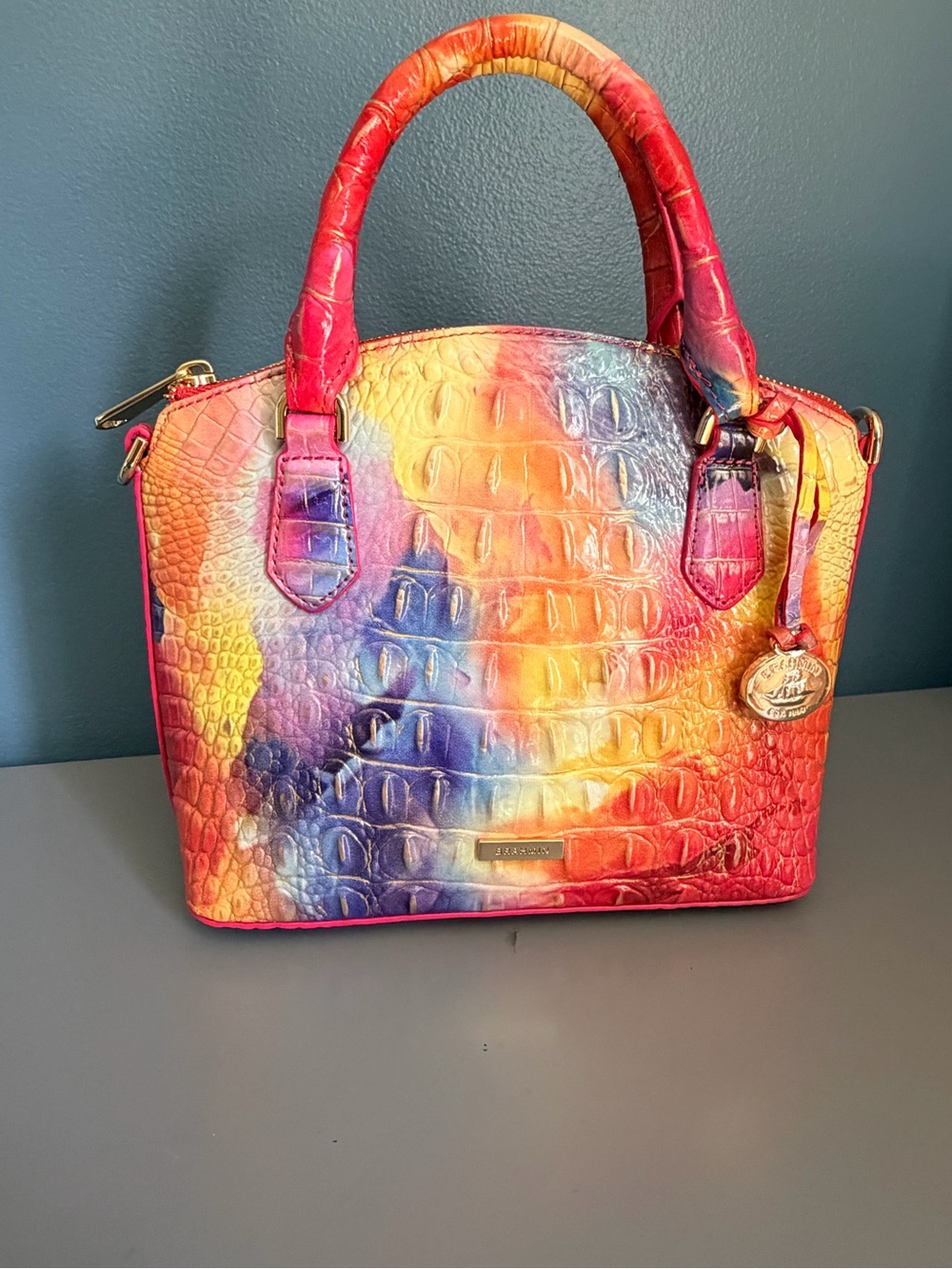 Brahmin Multicolor Croc-Embossed Satchel - Pink, Yellow & Blue - Picture 3 of 5